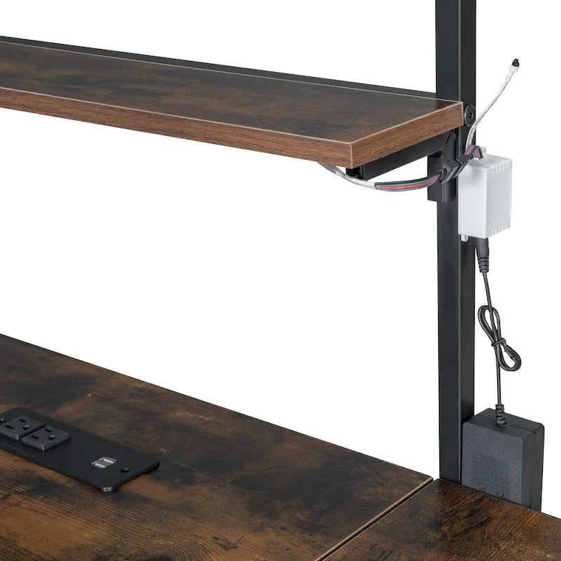 Twin Size Metal Loft Bed with Built-in Work Station, LED and Multiple Storage