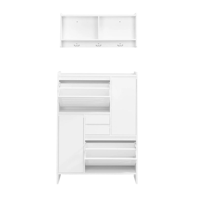Multi-Functional Tipping Bucket Shoe Cabinet with Wall Cabinet, Space-saving Design Foyer Cabinet with 2 Flip Drawers