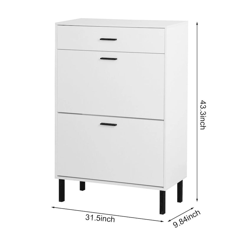 Freestanding Shoe Rack Storage Organizer with Drawers & Metal Legs, Modern Shoe Storage Cabinet with 2 Flip Drawers