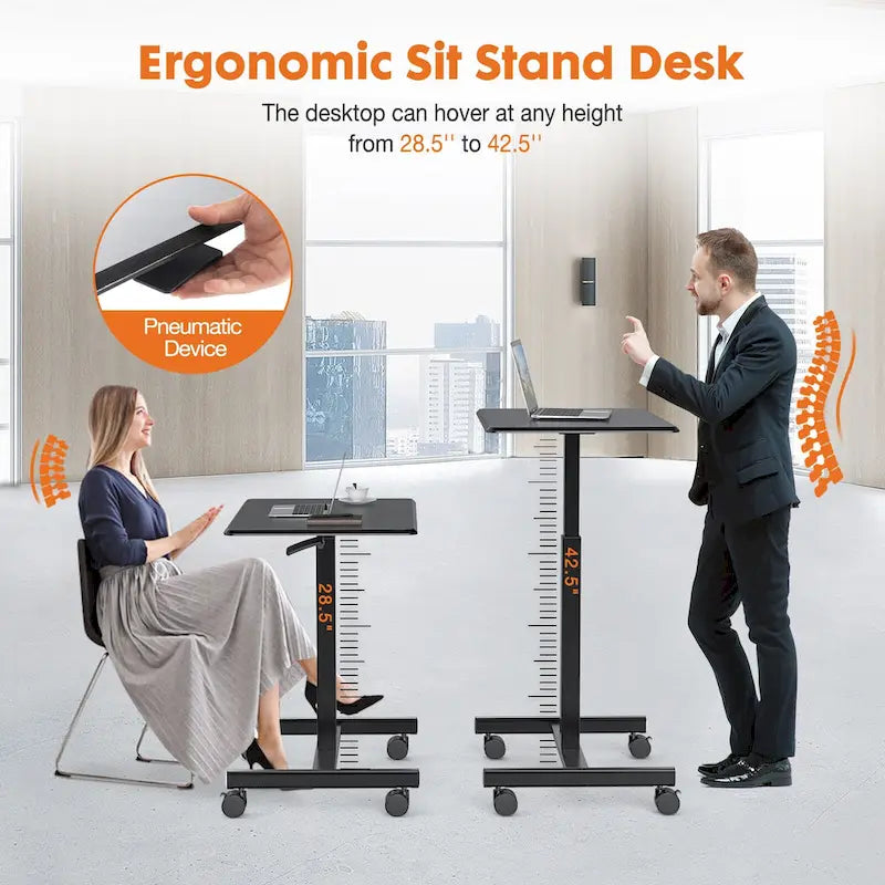 Modern Adjustable Standing Desk with Lockable Wheels and Gas Spring Lift for Home Office or Small Spaces