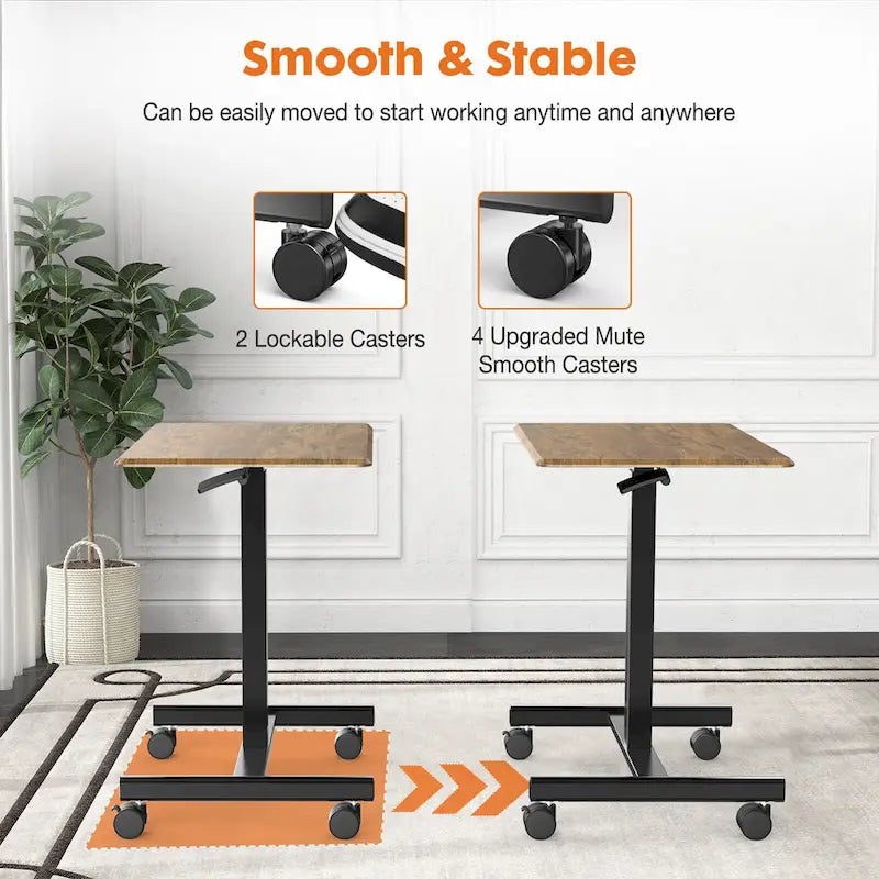 Modern Adjustable Standing Desk with Lockable Wheels and Gas Spring Lift for Home Office or Small Spaces