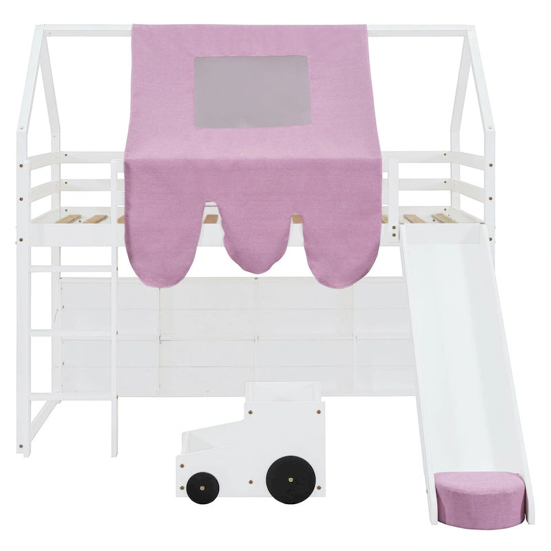 Twin Loft Bed with Play Tent, House Design, Slide & Ladder