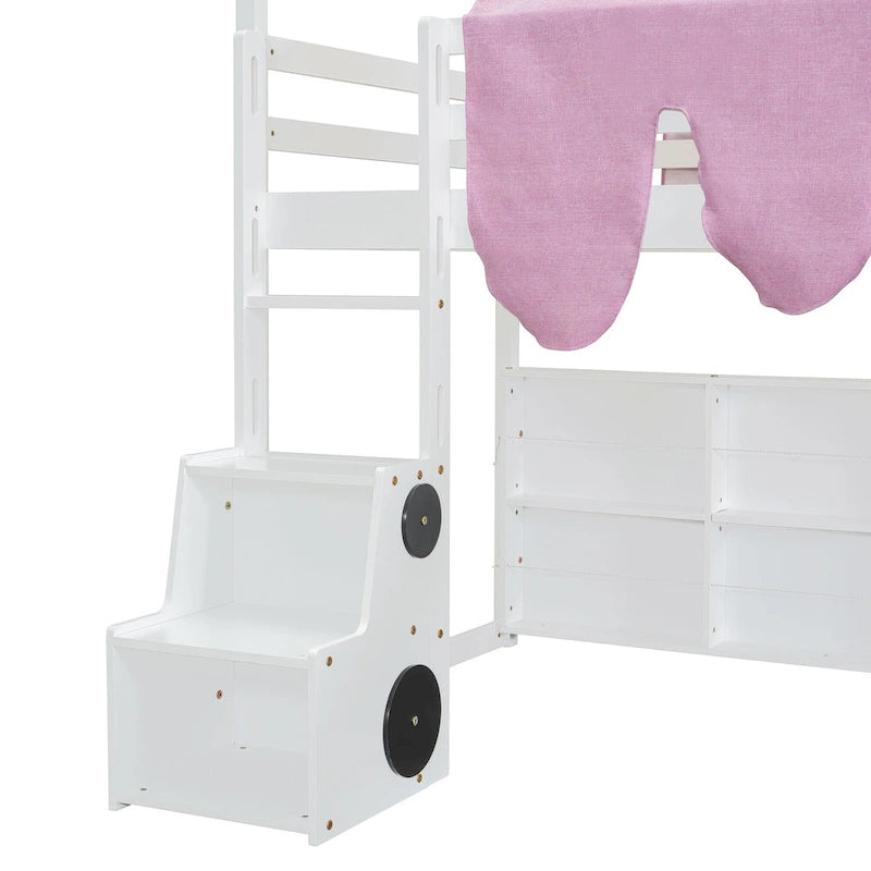 Twin Loft Bed with Play Tent, House Design, Slide & Ladder