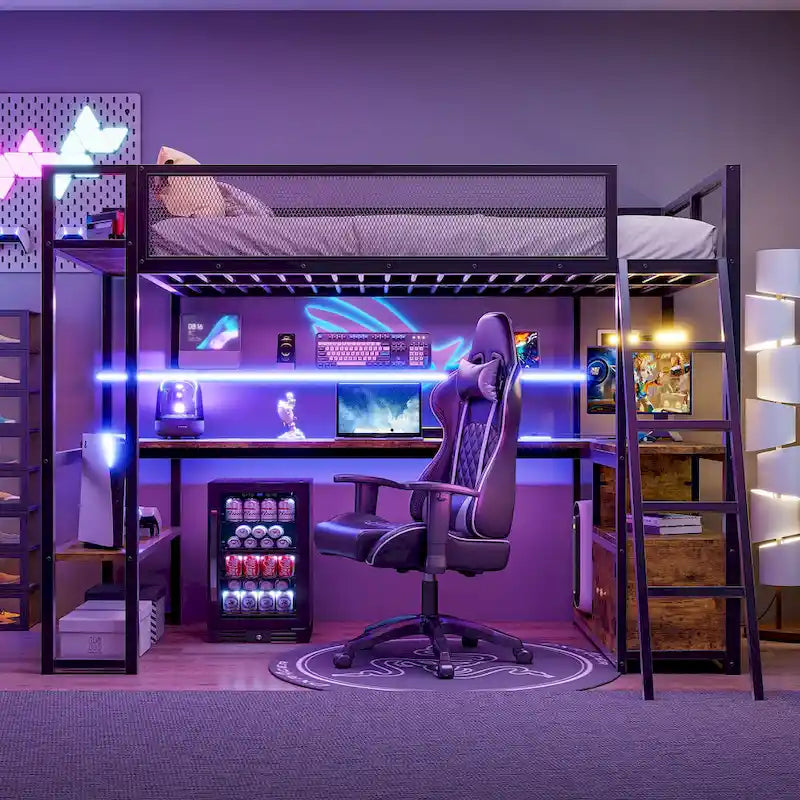 Twin Metal Loft Bed with LED Desk & Storage
