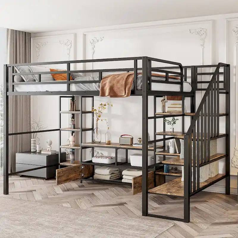Full Metal Loft Bed with Staircase & Work Table