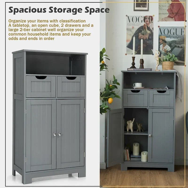 Gymax Bathroom Floor Cabinet Wooden Storage Organizer w/Drawer Doors - See Details