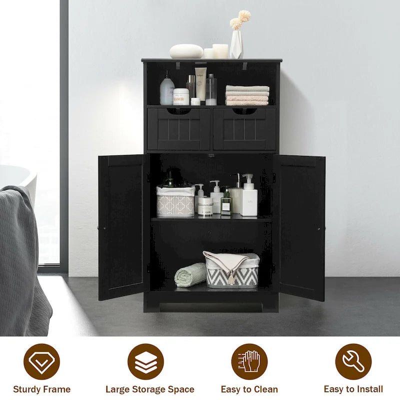 Gymax Bathroom Floor Cabinet Wooden Storage Organizer w/Drawer Doors - See Details