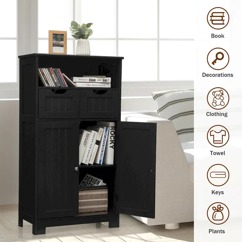 Gymax Bathroom Floor Cabinet Wooden Storage Organizer w/Drawer Doors - See Details