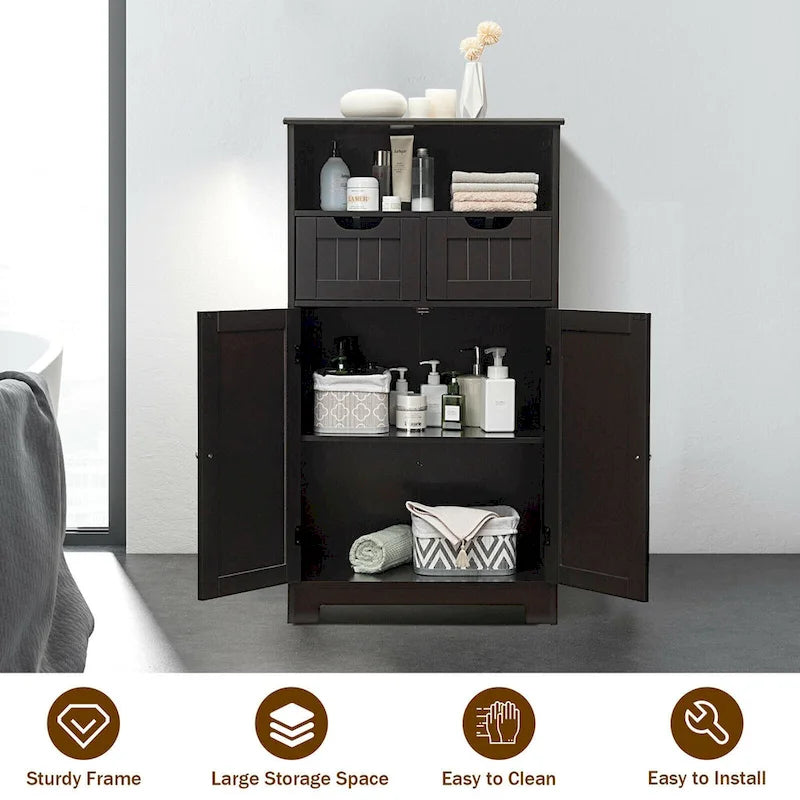 Gymax Bathroom Floor Cabinet Wooden Storage Organizer w/Drawer Doors - See Details