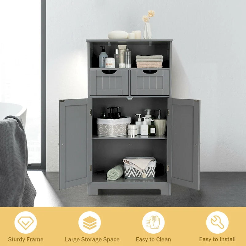 Gymax Bathroom Floor Cabinet Wooden Storage Organizer w/Drawer Doors - See Details