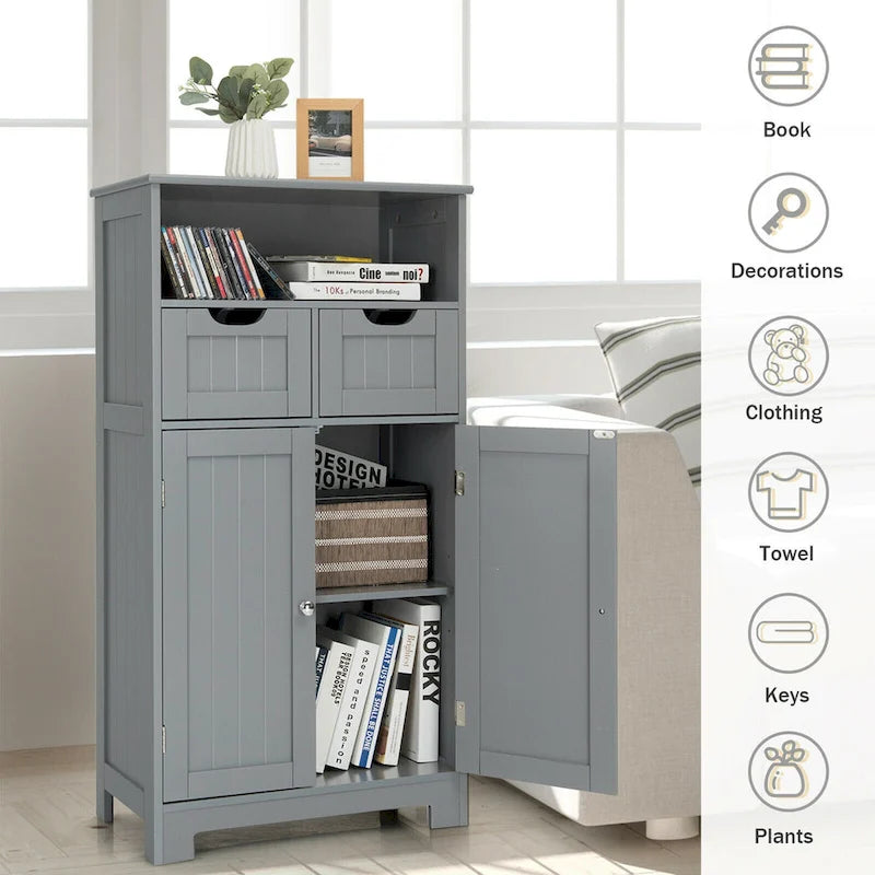 Gymax Bathroom Floor Cabinet Wooden Storage Organizer w/Drawer Doors - See Details