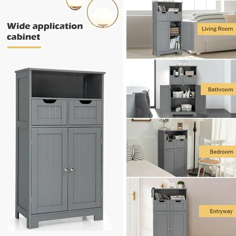 Gymax Bathroom Floor Cabinet Wooden Storage Organizer w/Drawer Doors - See Details