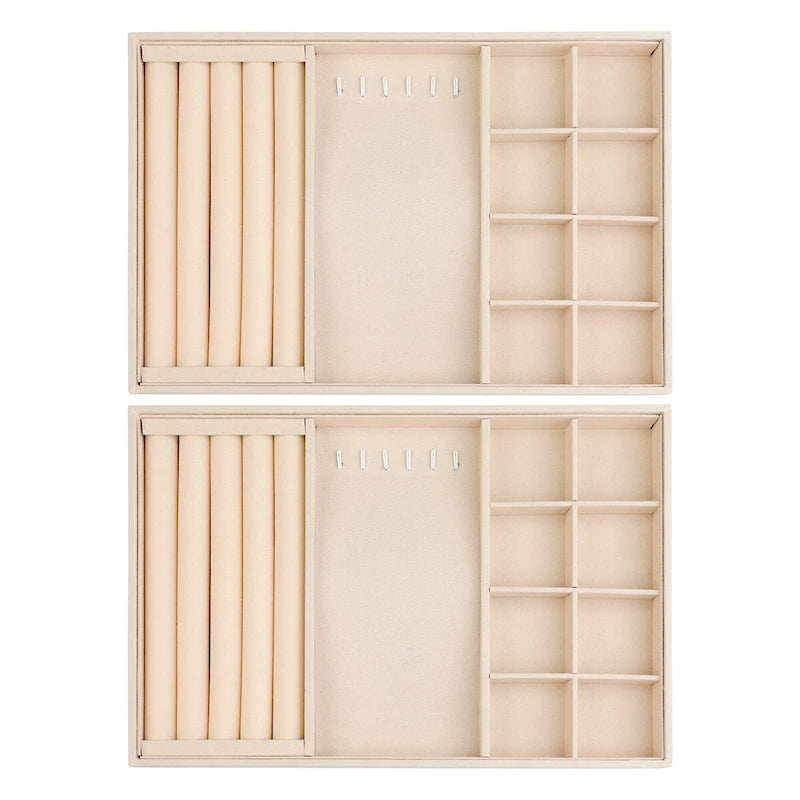 Set of 2 Stackable Velvet Jewelry Organizer Trays with Removable Dividers for Drawers, Jewelry Organizer Drawer Case