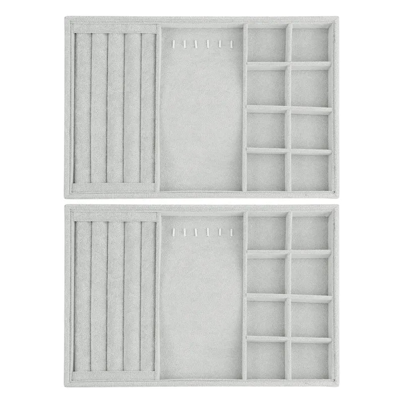 Set of 2 Stackable Velvet Jewelry Organizer Trays with Removable Dividers for Drawers, Jewelry Organizer Drawer Case