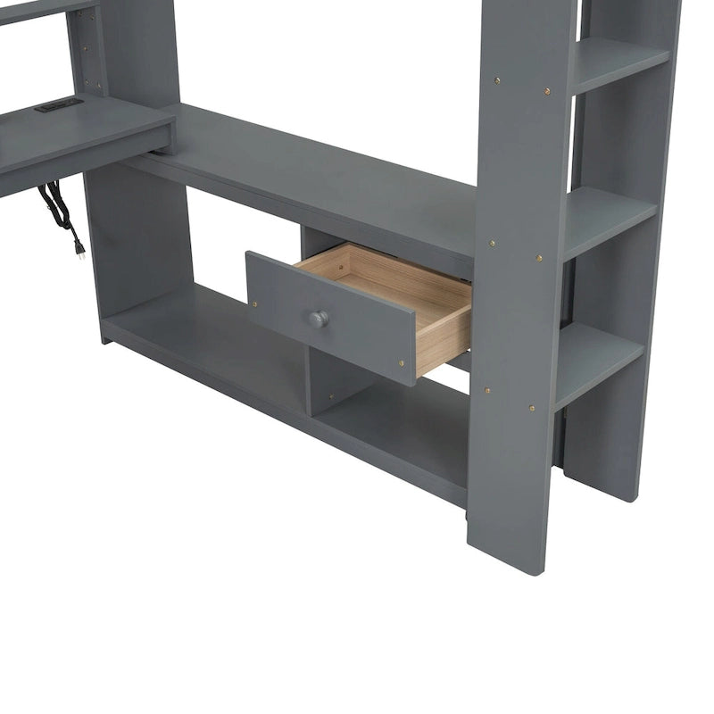 Full Size Loft Bed w/Desk,Multi-storage Shelves,LED,Charging Station