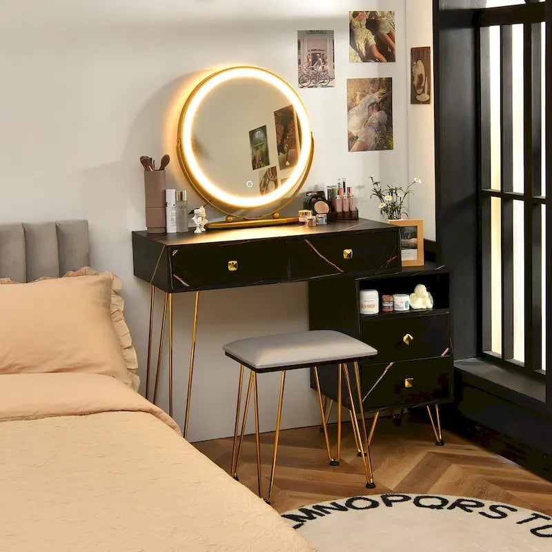 Costway Vanity Table Stool Set Dimmer LED Mirror Large Storage Cabinet - See details