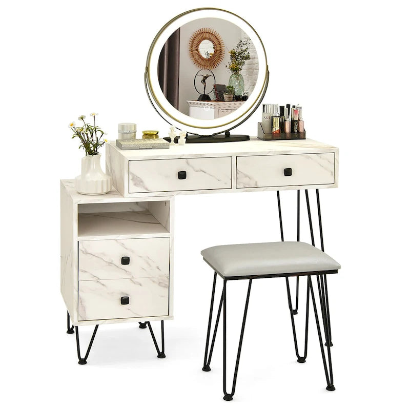 Costway Vanity Table Stool Set Dimmer LED Mirror Large Storage Cabinet - See details