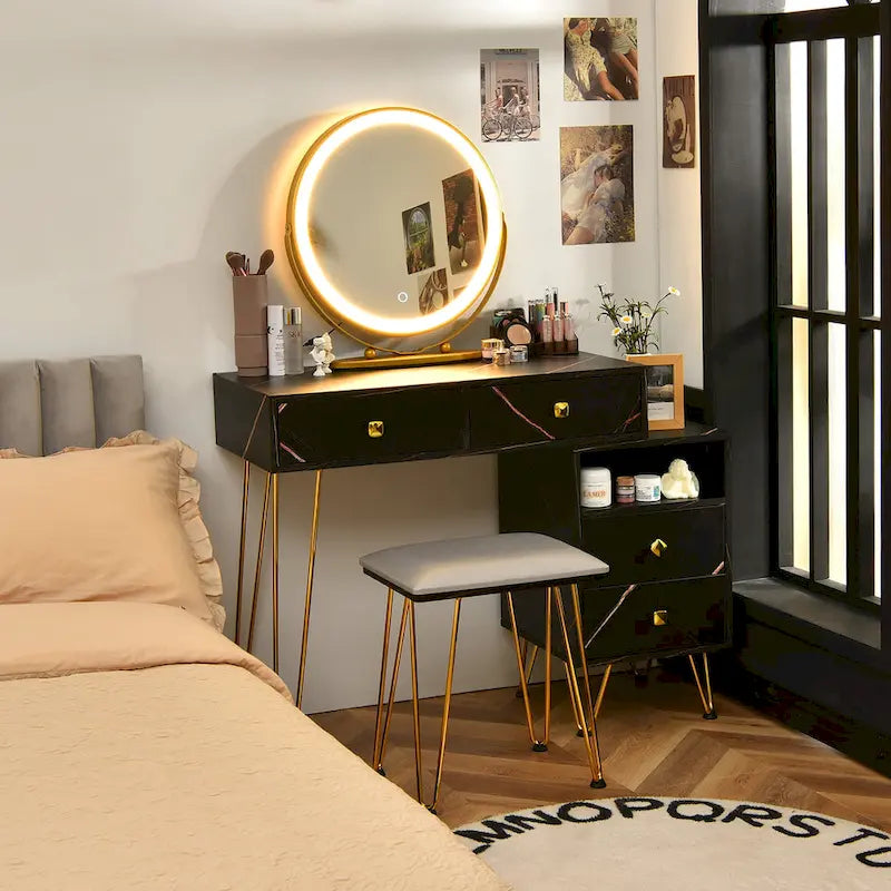 Costway Vanity Table Stool Set Dimmer LED Mirror Large Storage Cabinet - See details
