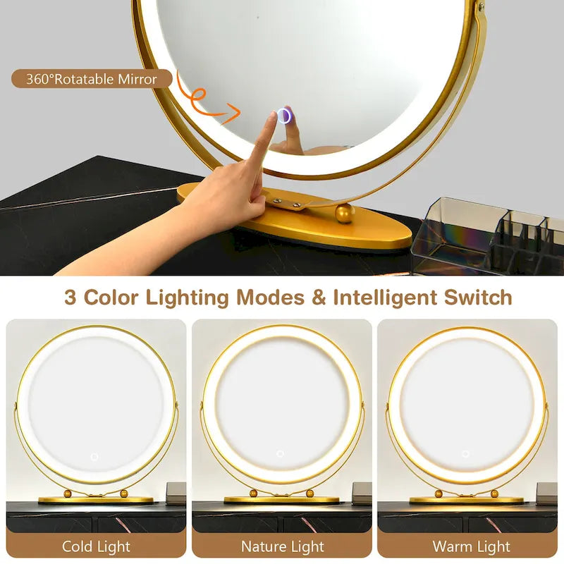 Costway Vanity Table Stool Set Dimmer LED Mirror Large Storage Cabinet - See details