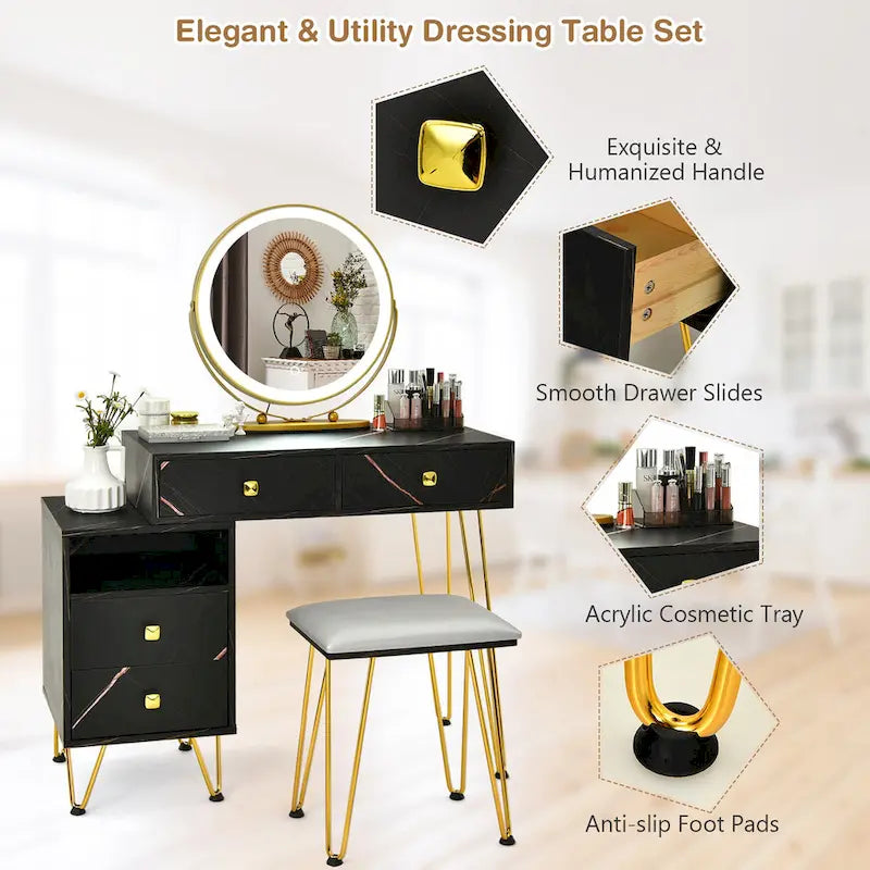 Costway Vanity Table Stool Set Dimmer LED Mirror Large Storage Cabinet - See details