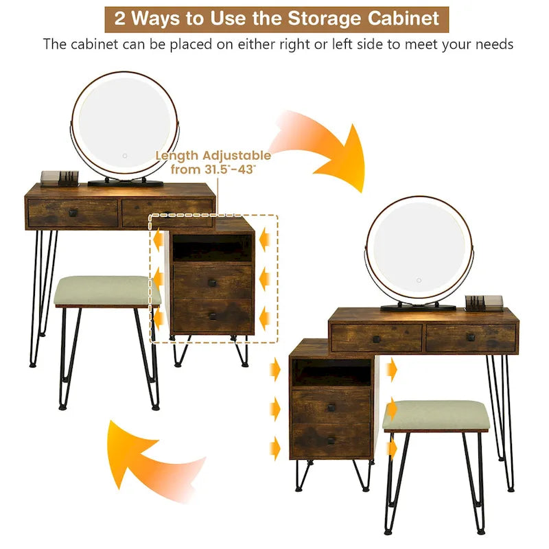 Costway Vanity Table Stool Set Dimmer LED Mirror Large Storage Cabinet - See details