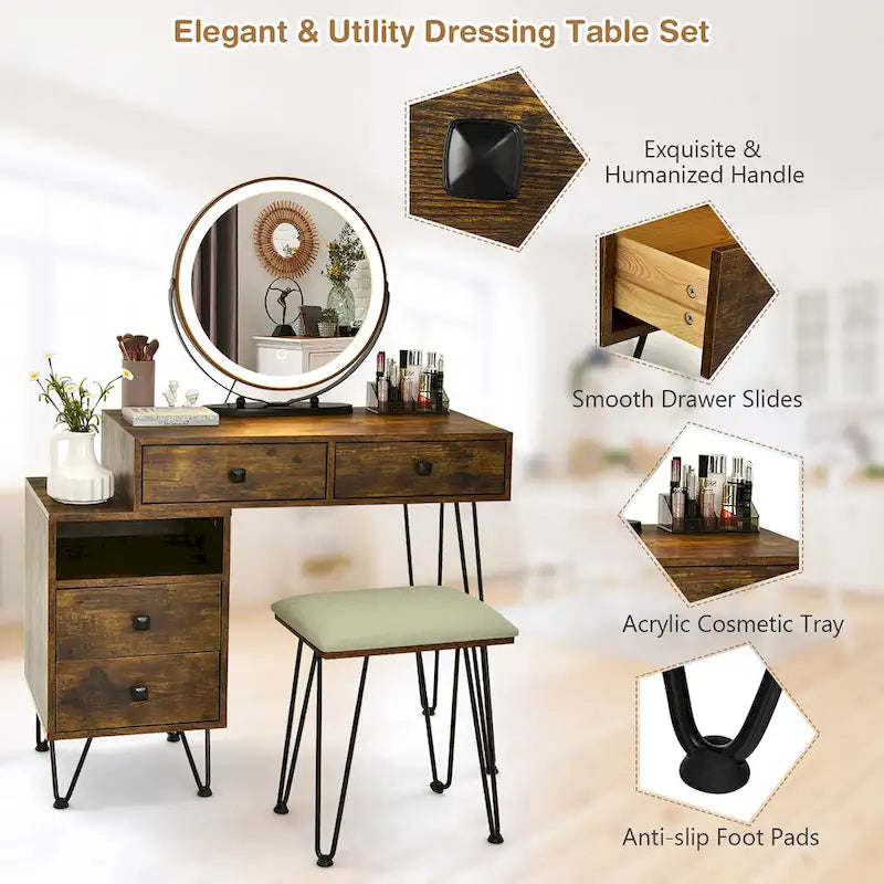 Costway Vanity Table Stool Set Dimmer LED Mirror Large Storage Cabinet - See details