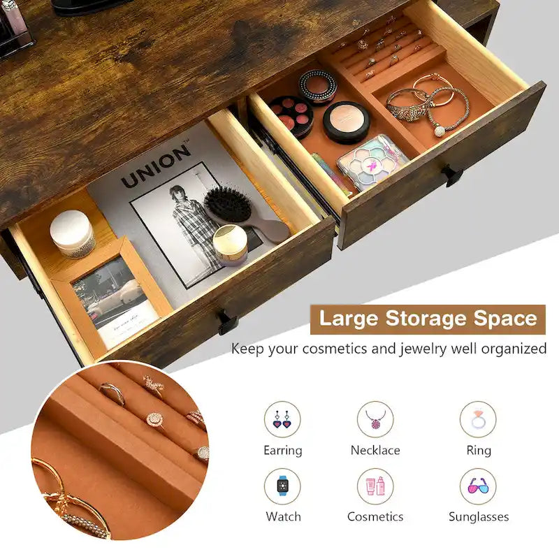 Costway Vanity Table Stool Set Dimmer LED Mirror Large Storage Cabinet - See details