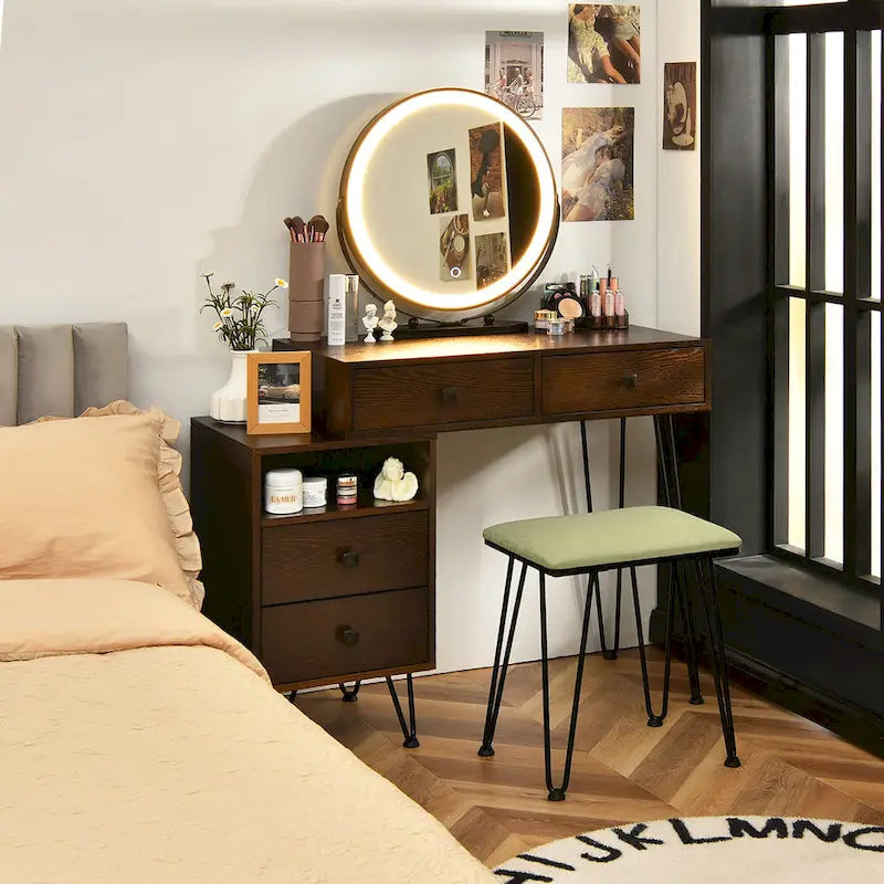 Costway Vanity Table Stool Set Dimmer LED Mirror Large Storage Cabinet - See details