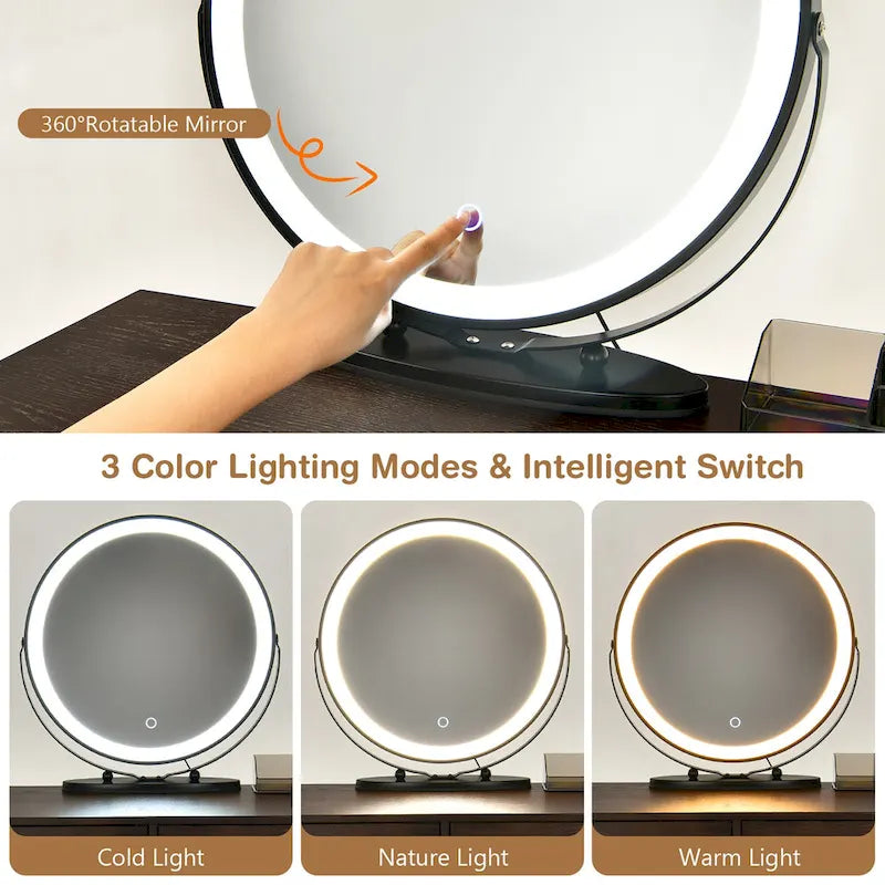 Costway Vanity Table Stool Set Dimmer LED Mirror Large Storage Cabinet - See details