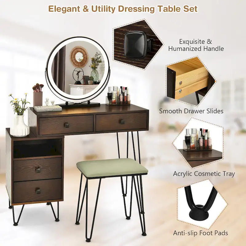 Costway Vanity Table Stool Set Dimmer LED Mirror Large Storage Cabinet - See details