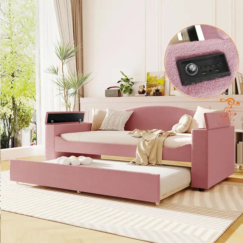 Twin Size Upholstered Daybed with Storage Armrests, Trundle and Latest Integrated Bluetooth Audio System, Teddy Fleece, Gray