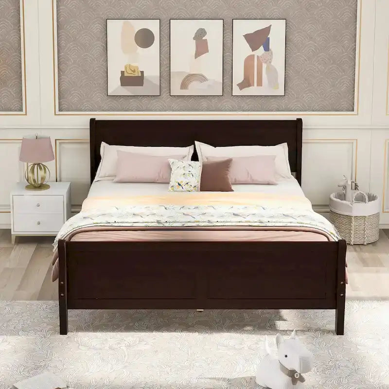 Full Size Wood Platform Bed with Headboard and Wooden Slat Support, White