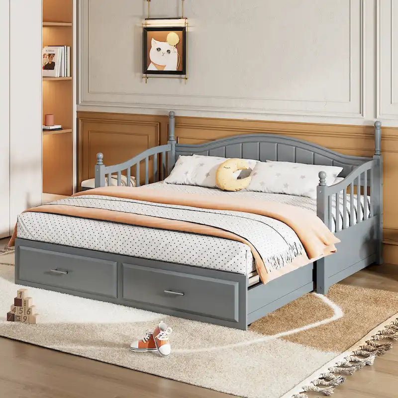 Twin to Full Extendable Daybed with Pull-out Trundle Bed & 2 Storage Drawers, Arc Shaped Hollow Huardrails on Both Sides