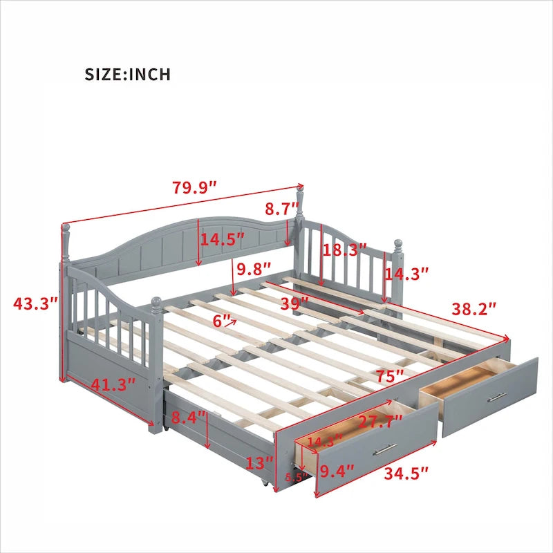 Twin to Full Extendable Daybed with Pull-out Trundle Bed & 2 Storage Drawers, Arc Shaped Hollow Huardrails on Both Sides