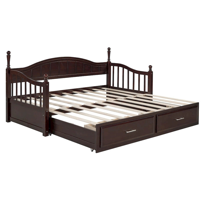 Twin to Full Extendable Daybed with Pull-out Trundle Bed & 2 Storage Drawers, Arc Shaped Hollow Huardrails on Both Sides
