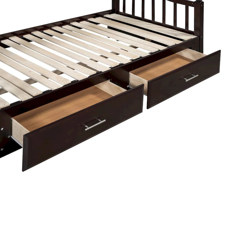 Twin to Full Extendable Daybed with Pull-out Trundle Bed & 2 Storage Drawers, Arc Shaped Hollow Huardrails on Both Sides