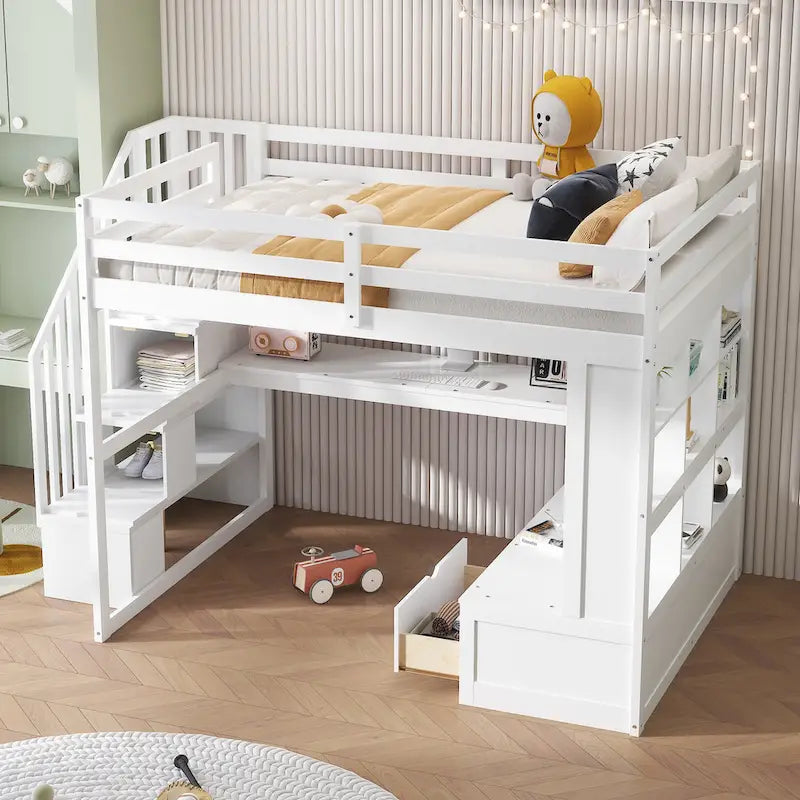 Full Size Loft Bed w/Desk,Shelves,Built-in Drawers,Storage Staircase