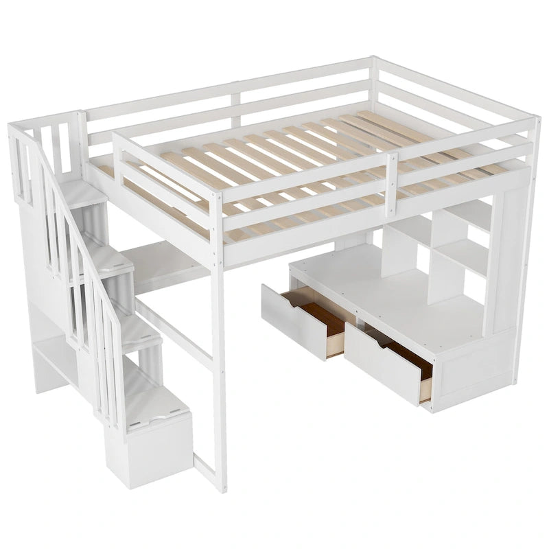 Full Size Loft Bed w/Desk,Shelves,Built-in Drawers,Storage Staircase