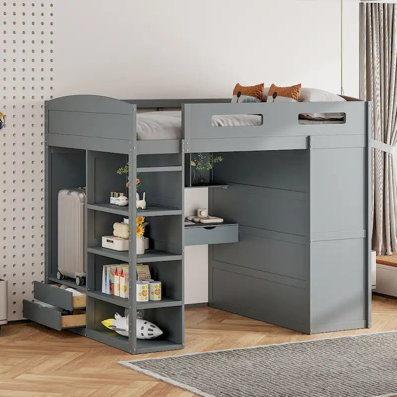Full Size Loft Bed with Desk, Wardrobes, 4 Drawers and 4 Shelves-White