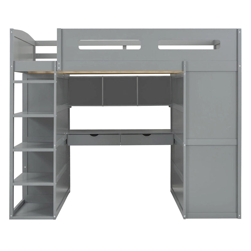 Full Size Loft Bed with Desk, Wardrobes, 4 Drawers and 4 Shelves-White
