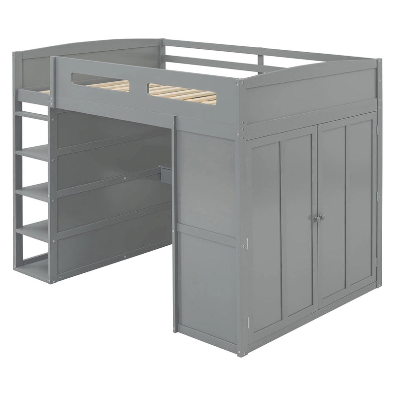Full Size Loft Bed with Desk, Wardrobes, 4 Drawers and 4 Shelves-White