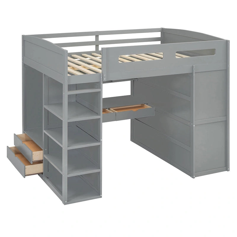 Full Size Loft Bed with Desk, Wardrobes, 4 Drawers and 4 Shelves-White