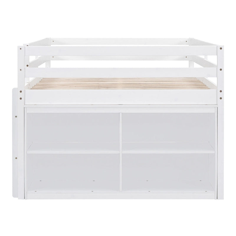 Full Size Loft Bed w/ Retractable Writing Desk & 4 Drawers, Wooden Loft Bed w/ Lateral Portabhite