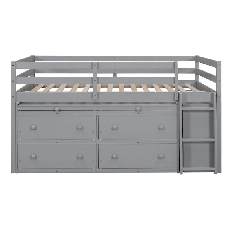 Full Size Loft Bed w/ Retractable Writing Desk & 4 Drawers, Wooden Loft Bed w/ Lateral Portabhite
