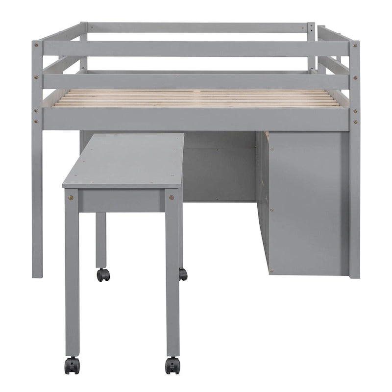 Full Size Loft Bed w/ Retractable Writing Desk & 4 Drawers, Wooden Loft Bed w/ Lateral Portabhite