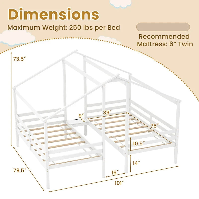Gymax Double Twin Size Bed Frames for Kids with Built-in Table & USB