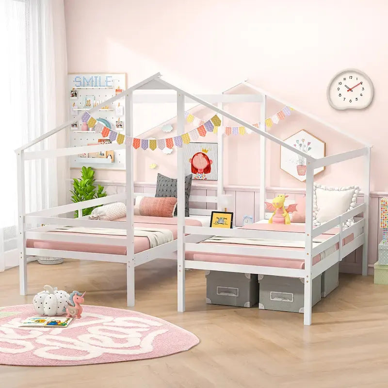 Gymax Double Twin Size Bed Frames for Kids with Built-in Table & USB