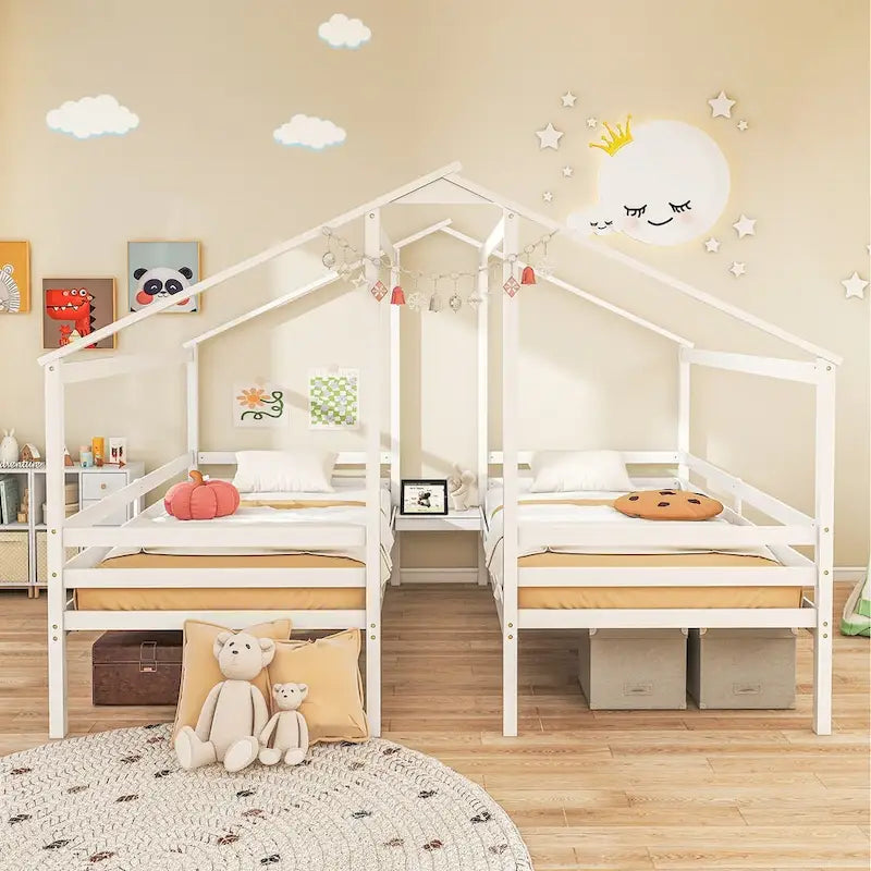 Gymax Double Twin Size Bed Frames for Kids with Built-in Table & USB