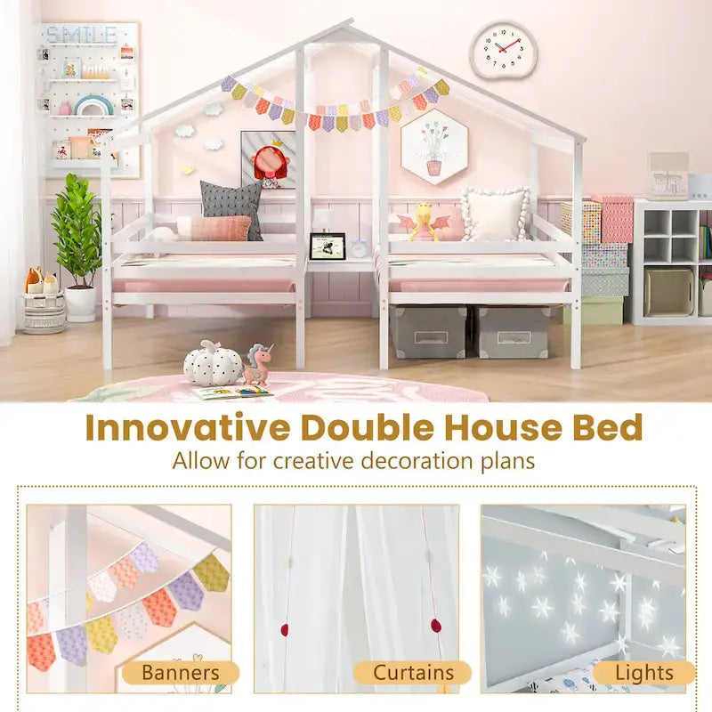 Gymax Double Twin Size Bed Frames for Kids with Built-in Table & USB