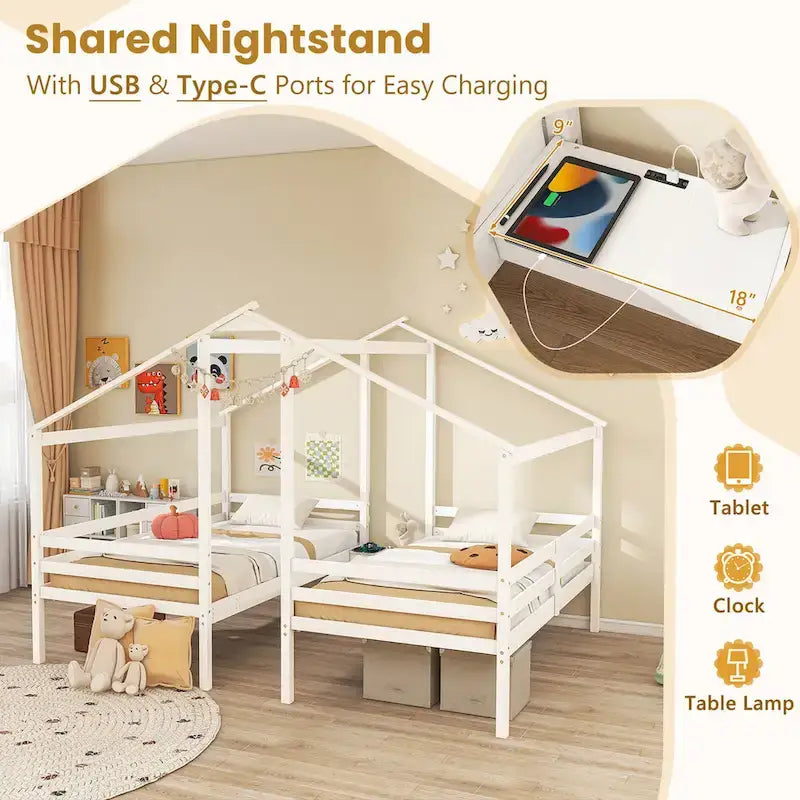 Gymax Double Twin Size Bed Frames for Kids with Built-in Table & USB